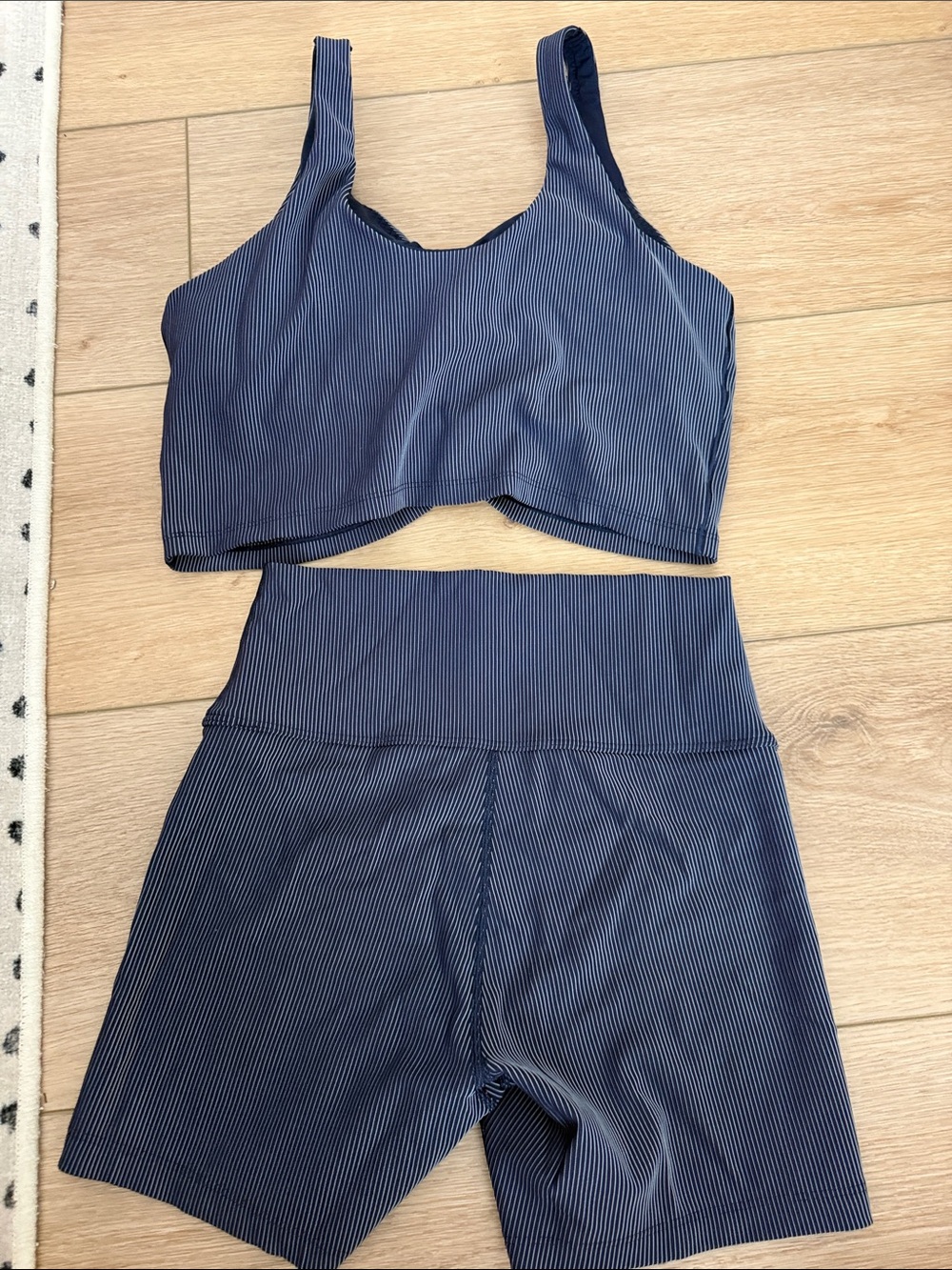 aerie Navy Pinstripe Ruched Sports Bra & High-Waist Shorts - Picture 4 of 4